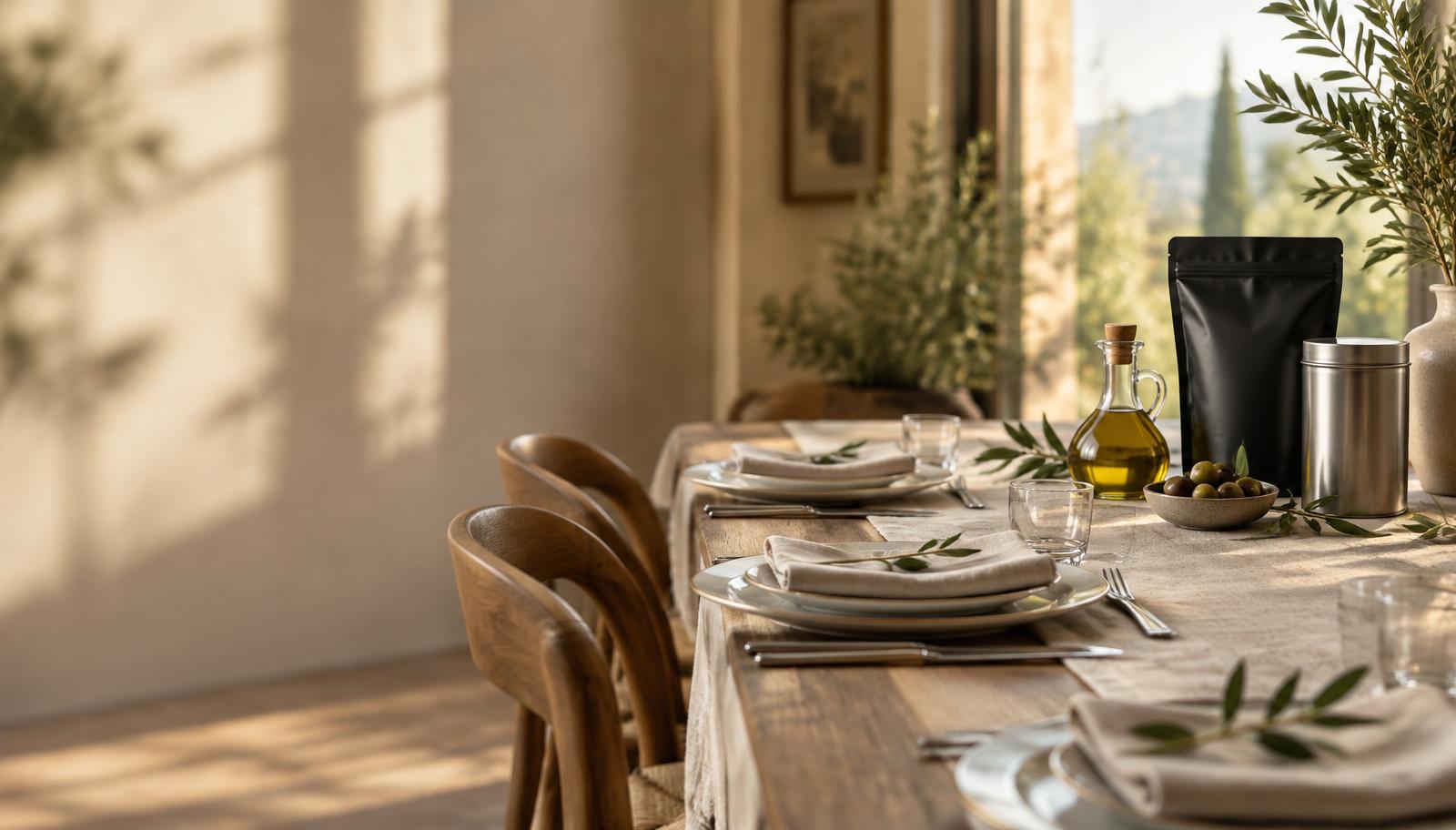 Table dressée avec de la vaisselle, des couverts et des contenants alimentaires